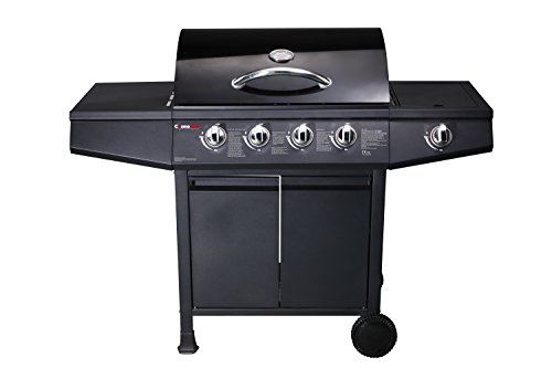 Barbacoa de gas CosmoGrill con 5 quemadores (1 lateral) y espacio de almacenamiento, para jardín, color negro