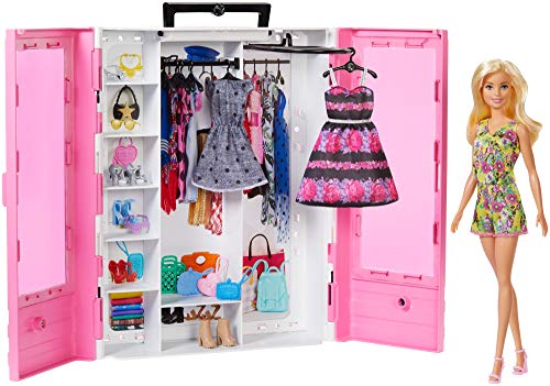 Barbie Fashionista Armario portable con muñeca incluida, ropa, complementos y accesorios de muñecas, regalo para niñas y niños 3-9 años (Mattel GBK12)