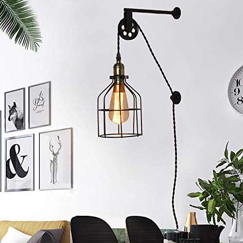 BarcelonaLED Lámpara colgante de polea Aplique pared estilo Industrial vintage altura regulable con jaula negra y interruptor para bombilla E27 dormotorio salon bar