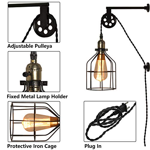 BarcelonaLED Lámpara colgante de polea Aplique pared estilo Industrial vintage altura regulable con jaula negra y interruptor para bombilla E27 dormotorio salon bar