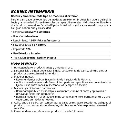 BARNIZ INTEMPERIE TRANSPARENTE. Decora y embellece todo tipo de maderas al exterior, mesas, sillas, muebles, barcos, terrazas, (SPRAY, BRILLO)