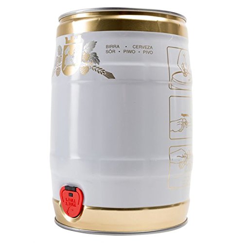 Barril para Fiesta, 5 L, cierre de color blanco / dorado, con diseño de fábrica, incluye cierre combinado, accesorios de destilería, cervecero aficionado