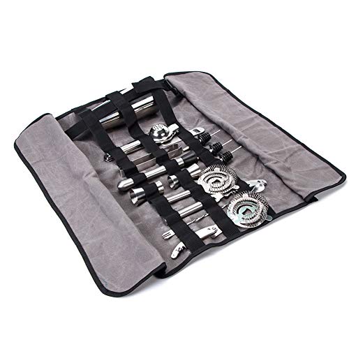 Bartender Kit Roll, Barman herramientas de trabajo bolsa de almacenamiento, organizador de herramientas de bar, Heavy Duty encerado lona Mixology Kits Roll Up gris