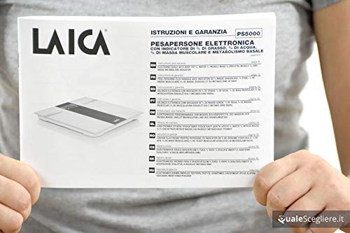 Bascula de baño con medición de la composición corporal (%grasa, % agua, % músculo, etc.) Laica PS5000 peso máximo 180 kg, en vidrio templado