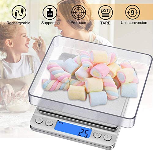 Báscula Digital para Cocina con Carga USB,Balanza de Alimentos Multifuncional Alta Precisión(3 kg-0.1g) Peso de cocina Electrónica con LCD Retroiluminación, Plata [Clase de eficiencia energética A++]