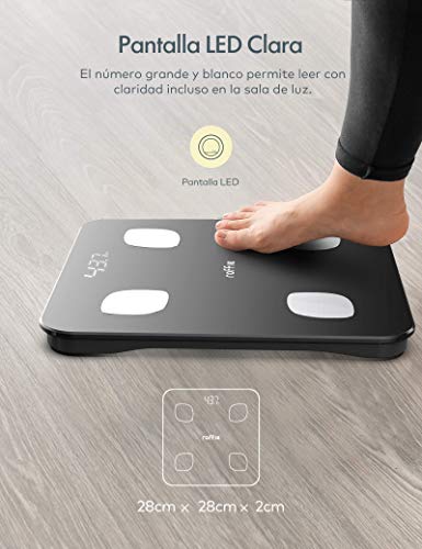 Báscula Grasa Corporal, Roffie Báscula de Baño Digital Báscula de Peso Inteligente con Indice de Grasa Corporal, Wireless Monitores de Composición Corporal Analizar 23 Funciones con APP Negro