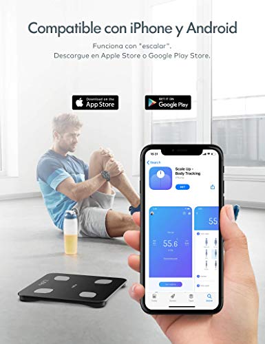Báscula Grasa Corporal, Roffie Báscula de Baño Digital Báscula de Peso Inteligente con Indice de Grasa Corporal, Wireless Monitores de Composición Corporal Analizar 23 Funciones con APP Negro