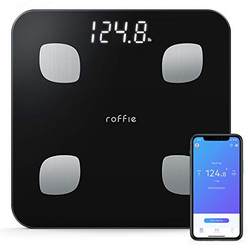 Báscula Grasa Corporal, Roffie Báscula de Baño Digital Báscula de Peso Inteligente con Indice de Grasa Corporal, Wireless Monitores de Composición Corporal Analizar 23 Funciones con APP Negro