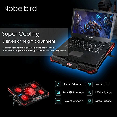 Base de Refrigeración para Ordenador Portátil 12"-17.3", Base Portatil Gaming de enfriamiento Rápido con LED Rojo, 5 Ventiladores Ultra Silenciosos, 2 Puertos USB, 7 Niveles de Diseño Ajustable