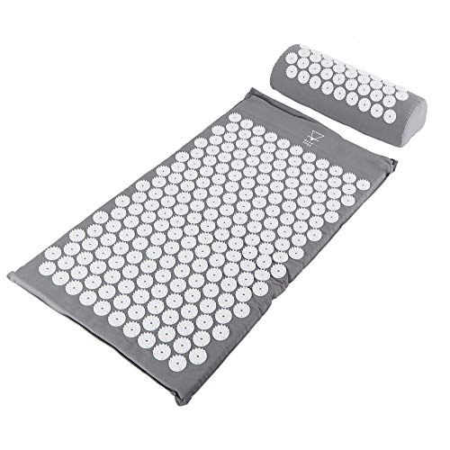 Base yoga Estera de acupresión y Almohada/acupuntura para masajes/Bienestar/relajación y liberación de tensión (Gris con Almohada)