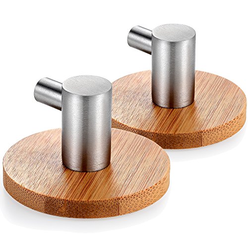 BasicForm Ganchos Adhesivos de Bambú & Acero Inoxidable Ultra Fuerte Adhesivo para Baño y Cocina (1-Gancho x 2 Piezas)