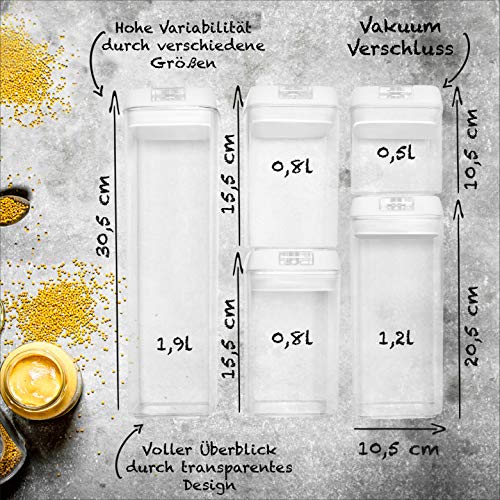 BASIL | Recipientes Almacenamiento Comida al Vacío - Juego de 5 Piezas - Cajas de Plástico Transparente para Alimentos y Tapa con Bomba - Cierre Hermético para Conservar en Armarios y Refrigeradora