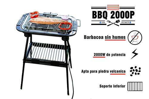 Bastilipo BBQ-2000P BBQ-2000P-Barbacoa electrica de exterior-Con patas-2000W de potencia y parrilla de 47 x 35cm-Barbacoa sin humo-Fácil de limpiar-2 niveles de altura y bandeja recoje grasas, Negro