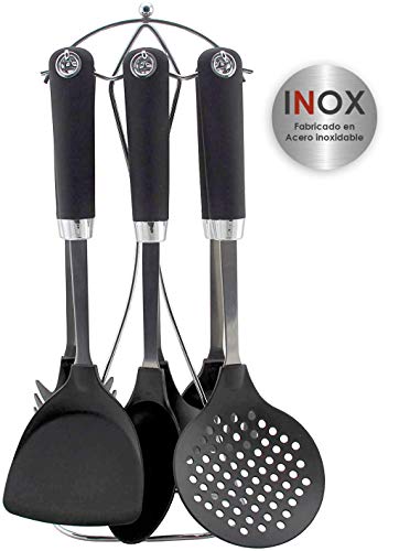 Bastilipo - Ginebra - Set de accesorios de cocina - 7 piezas: Espumadera, cucharon, cazo, espatula, espatula perforada, cucharon de pasta, soporte de acero inoxidable