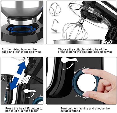 Batidora Amasadora, Howork 1500W 6 Niveles de Velocidad Amasadora de Bajo Ruido para Repostería, Robot de Cocina Automática Multifuncional, 6.2 litros capacidad Amasadora (6.2 litros, negro)