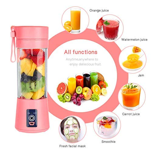 Batidora Portátil de Frutas Recargable Con USB, Mini Licuadora Para Batidos, Bebidas, zumo de frutas, Máscara Completa, 380 ml, Seis Cuchillas 3D Para una Mezcla Excelente. Rosa