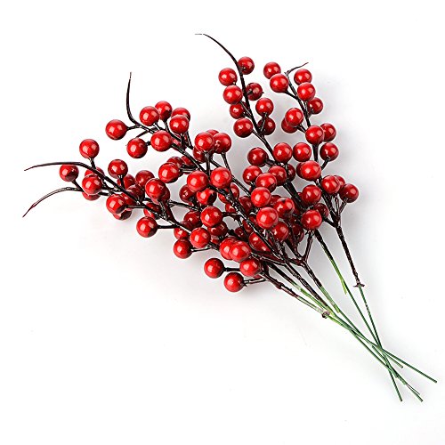 Baya roja artificial, 40 unidades de tallos de bayas de acebo de Navidad artificiales ramas de frutas ramas de flores bricolaje arreglo de flores manualidades decoración