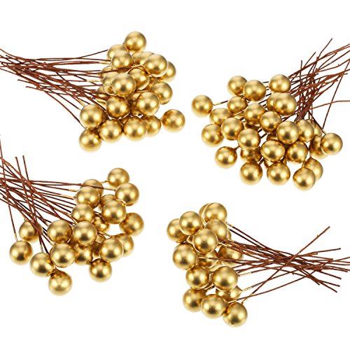 Bayas de Acebo Artificiales, 100 Piezas Mini 10 mm de Bayas Falsas Adornos en Alambre para Decoraciones de Árbol de Navidad DIY de Corona de Flores Manualidades (Dorado)