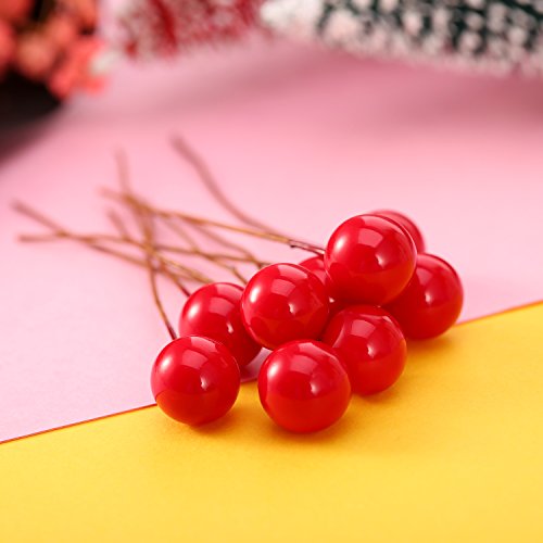 Bayas de Acebo Artificiales, 100 Piezas Mini 10 mm de Bayas Falsas Adornos en Alambre para Decoraciones de Árbol de Navidad DIY de Corona de Flores Manualidades (Rojo)