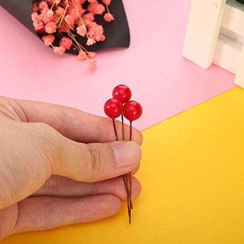 Bayas de Acebo Artificiales, 100 Piezas Mini 10 mm de Bayas Falsas Adornos en Alambre para Decoraciones de Árbol de Navidad DIY de Corona de Flores Manualidades (Rojo)