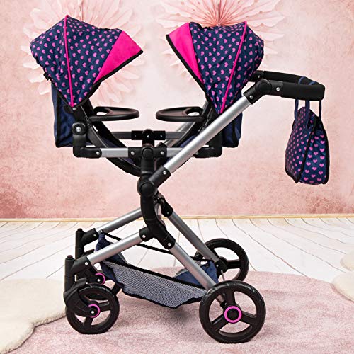 Bayer Design Cochecito de Muñeca Gemelas, Carrito Paseo para muñecos, Ajustable en Altura, Plegable, con la Bolsa de Bandolera, Compatible con Silla de Coche EasyGo, Azul con Unicornio y Corazones