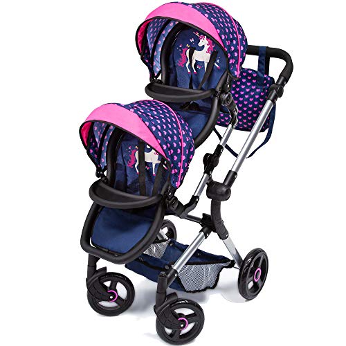 Bayer Design Cochecito de Muñeca Gemelas, Carrito Paseo para muñecos, Ajustable en Altura, Plegable, con la Bolsa de Bandolera, Compatible con Silla de Coche EasyGo, Azul con Unicornio y Corazones