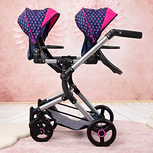 Bayer Design Cochecito de Muñeca Gemelas, Carrito Paseo para muñecos, Ajustable en Altura, Plegable, con la Bolsa de Bandolera, Compatible con Silla de Coche EasyGo, Azul con Unicornio y Corazones