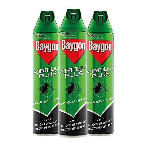 Baygon® - Insecticida contra cucarachas y hormigas, formula plus, acción rápida y efecto duradero, 600ml - Pack de 3 uds