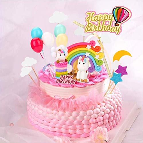 BBLIKE Decoracion Unicornio Cake con Cloud Rainbow + Star Moon + Globos de Colores + Tarjeta de Feliz Cumpleaños Kit de Decoracion Tartas Cumpleaños para Niños Fiesta de Boda