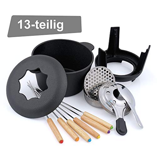 BBQ-Toro set de fondue de hierro fundido para 6 personas set de fondue 13 piezas con quemador y tenedor cantidad de llenado 1 litros de queso de inducción de chocolate (Negro/Ya Marcado)