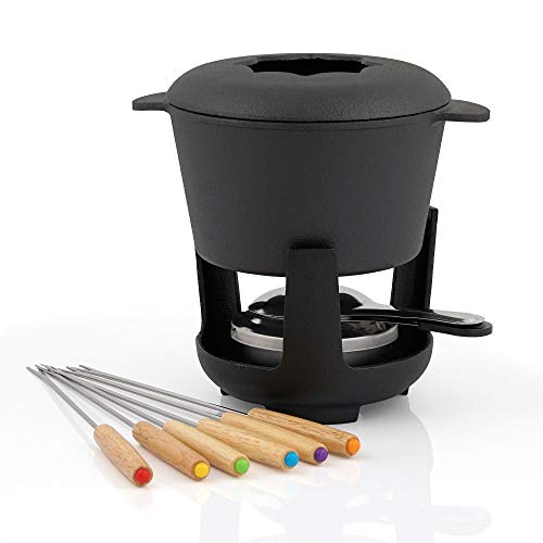 BBQ-Toro set de fondue de hierro fundido para 6 personas set de fondue 13 piezas con quemador y tenedor cantidad de llenado 1 litros de queso de inducción de chocolate (Negro/Ya Marcado)