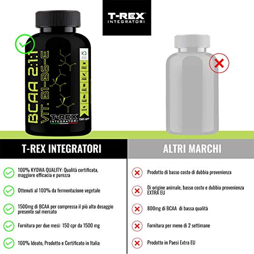 BCAA 2:1:1 Obtenido por medio de Fermentación - 150 Comprimidos KYOWA® - Suplemento de Aminoácidos ramificados básicos y esenciales en Relación 2:1:1 con Vitaminas B1-B6-E, T-Rex Integratori