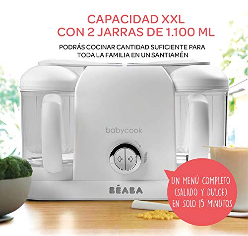 Béaba Babycook Duo Robot de cocina infantil 4 en 1, Tritura, cocina y cuece al vapor, Cocción rápida en 15 minutos, Comida casera para bebés y niños, Capacidad XXL: 2 x 200 ml, Blanco/Plateado