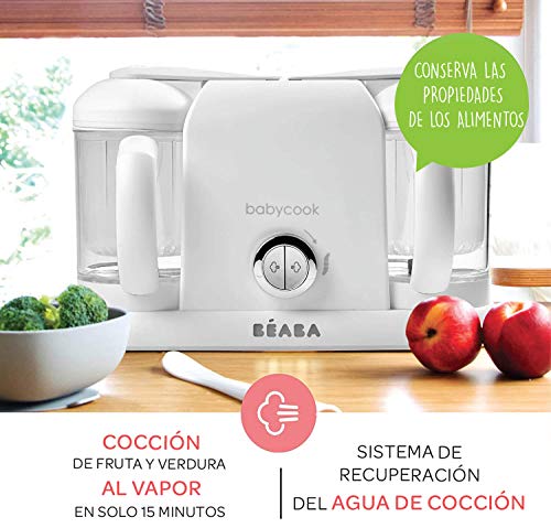 Béaba Babycook Duo Robot de cocina infantil 4 en 1, Tritura, cocina y cuece al vapor, Cocción rápida en 15 minutos, Comida casera para bebés y niños, Capacidad XXL: 2 x 200 ml, Blanco/Plateado