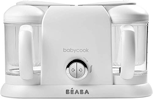Béaba Babycook Duo Robot de cocina infantil 4 en 1, Tritura, cocina y cuece al vapor, Cocción rápida en 15 minutos, Comida casera para bebés y niños, Capacidad XXL: 2 x 200 ml, Blanco/Plateado