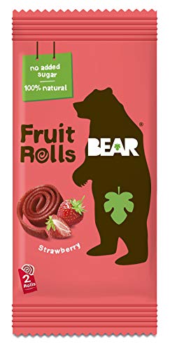 BEAR - Snack hecho al 100% de pura fruta en forma de rollito FRESA - Pack de 18 x 20 g, Sin Azúcar Añadido, Sin Gluten, Vegano