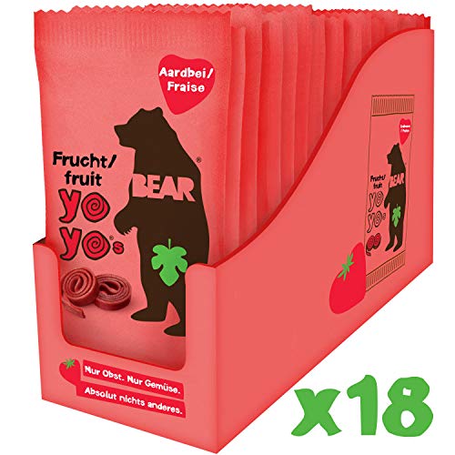 BEAR - Snack hecho al 100% de pura fruta en forma de rollito FRESA - Pack de 18 x 20 g, Sin Azúcar Añadido, Sin Gluten, Vegano