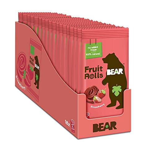 BEAR - Snack hecho al 100% de pura fruta en forma de rollito FRESA - Pack de 18 x 20 g, Sin Azúcar Añadido, Sin Gluten, Vegano