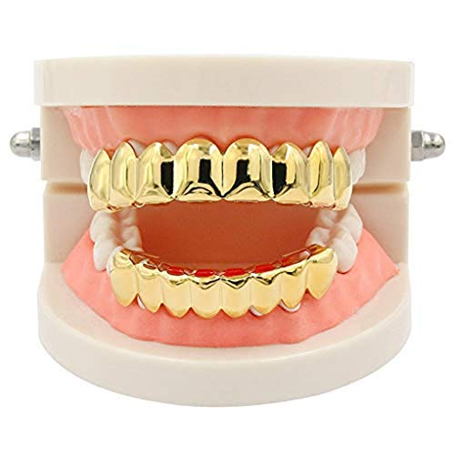 Beaums Hip Hop Conjunto de Navidad Ocho 8 Dientes Superiores e Inferior 6 de Cobre Chapado en Oro Falso Brace Dientes