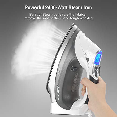 Beautural Plancha de Vapor, 2400W, Vapor 340ml con Pantalla LCD, Sistema antigoteo y función de autolimpieza-Blanco y Gris