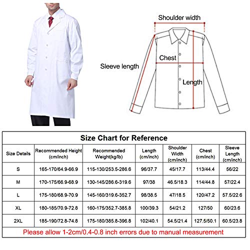 Beautyshow Bata de Laboratorio, Hombre Laboratorio Blanco Uniformes Sanitario Ropa de Trabajo Blanca con Manga Larga Médico Desgaste Farmacia Experimento White Lab Coats