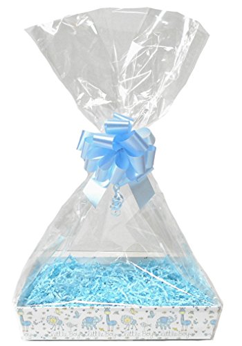 Bebé azul DIY cesta de regalo Kit – Little Boy cartón bandeja, azul Shred, lazo azul, Violonchelo bolsa y etiqueta de regalo de color azul (Medium – 30 x 20 x 6 cm de alto)