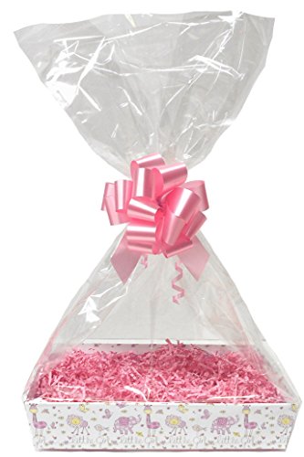 Bebé Rosa DIY cesta de regalo Kit – de niña cartón bandeja, Rosa Shred, lazo rosa, Violonchelo bolsa y etiqueta de regalo rosa (Medium – 30 x 20 x 6 cm de alto)