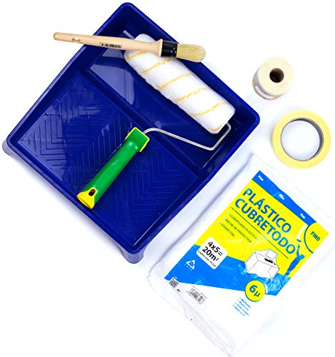 BeBright Kit Rodillo de Pintura Antigoteo 22 cm Calidad Profesional + Cinta de Carrocero + Cinta Pintor con Papel + Brocha Pintura + Plástico Cubretodo + Cubeta Pintura ECO-FRIENDLY