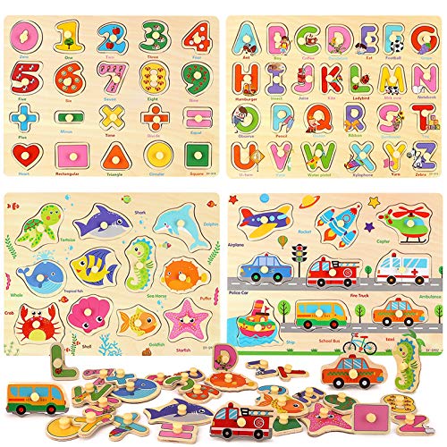 BeebeeRun 4 Piezas Puzzle de Madera Letras,Número,Vehículo y Animales,Juguetes Educativos Rompecabezas de Clavijas de Madera para 1 2 3 + Años Niños Niñas