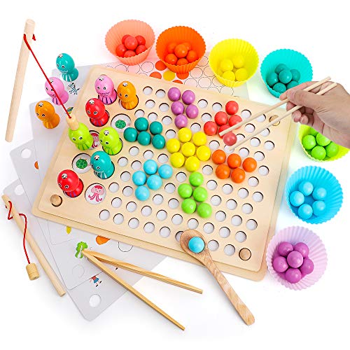 BeebeeRun Juguetes de Madera para Bebes,Juegos de Pesca Magnética de Madera Juego de Cuentas de Clip,Juguetes Montessori 3 Años Niños Niñas Juguetes Educativos