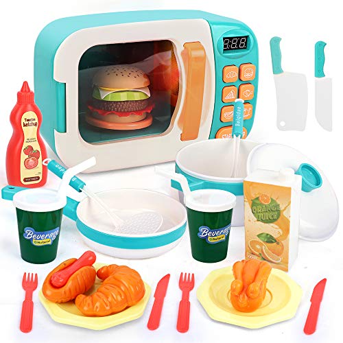 BeebeeRun Microondas de Juguete,Juguete de Cocina Set,Microondas para Cocina de Juguete para Niños,Juguetes de Cocina Alimentos Juguete Set con luz y Sonido para Niñas