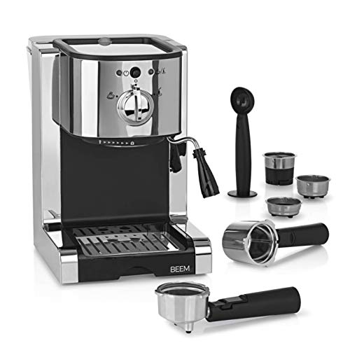 BEEM máquina de Espresso 20 Bar para baristas principiantes, con inserción de cápsulas compatibles con las cápsulas Nespresso | boquilla de espuma de leche, tanque de agua removible [acero inoxidable]