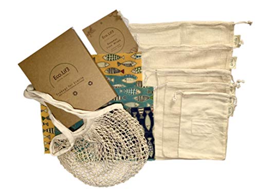 Beeswax Wrap Kit | 4 Envoltura de Cera de Abejas (1 Small, 2Medium, 1Large), + 6 Bolsas de Malla Reutilizables (2S, 1M, 1L, 1XL, 1 Shopping Bag ) | Zero Waste Kit, Regalo ecologico