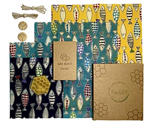 Beeswax Wraps | Envoltura Reutilizable De Cera De Abejas Orgánica | Set de 4: 1 Pequeño, 2 Mediano y 1 Grande | Ecológico Alternativa a Película De Aluminio, 100% Natural, Lavable y Biodegradable